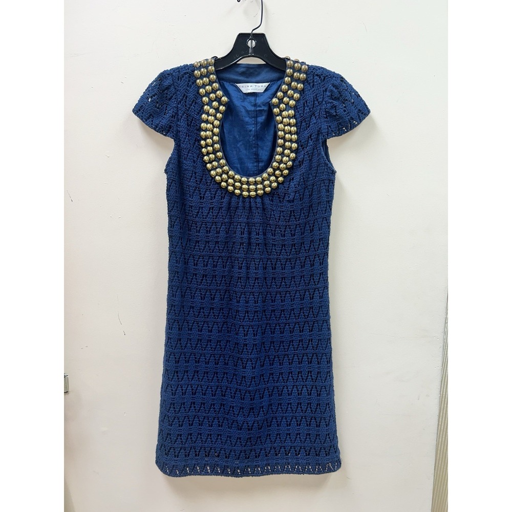 Trina Turk Mini Dress Women S Blue Embellished Sexy Party Crochet R281431